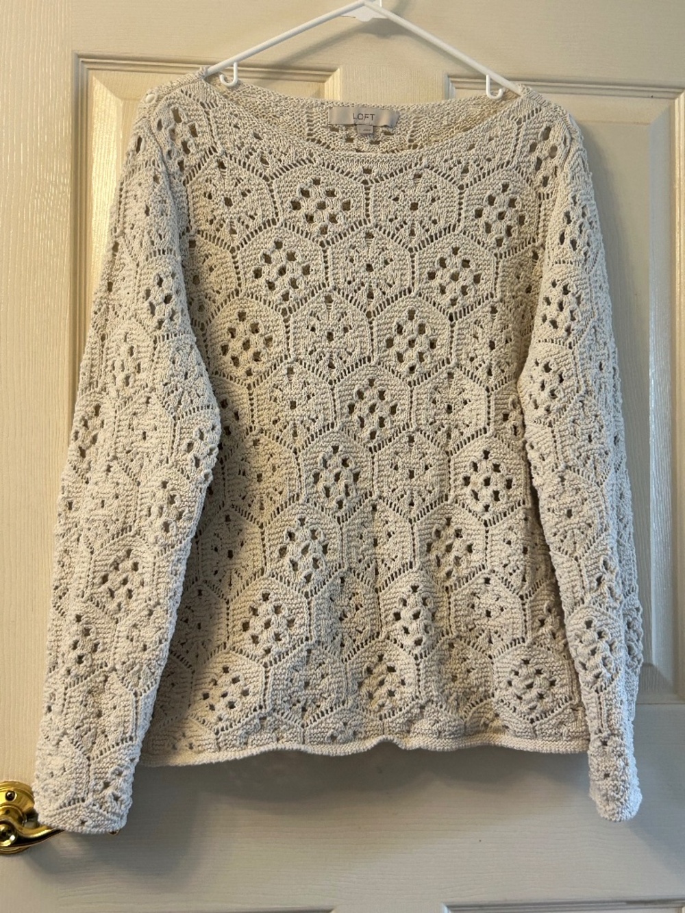 LOFT Cream Crochet Open Knit Crewneck Sweater